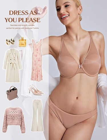 Deyllo Women's Sexy Glitter Mesh Deep V Plunge Bra Full Coverage Underwire with Adjustable Straps in Kuwait