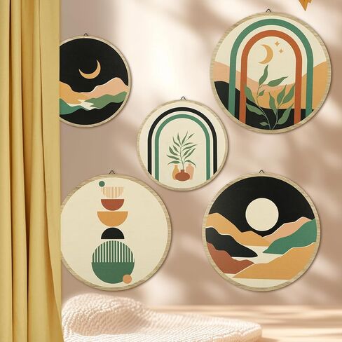 5pcs Boho Wall Art - Bohemian Farmhouse Degic Geometric Wall Decoring لغرفة النوم ، الحمام ، استوديو اليوغا ، غرفة المعيشة - مجموعة جدار بوهو مع نغمات ترابية وتصميم الحد الأدنى ، جدار المنزل الطبيعي (بوهيميان) in Kuwait