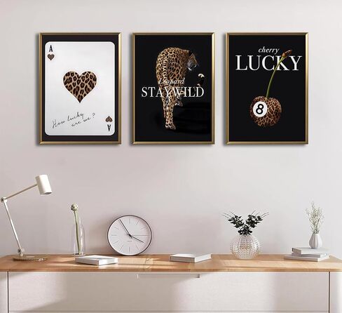 3pcs أزياء النمر المطبوعات الجدار الفن preppy على غرار البوكر ليوبارد سبيد آس ملصقات قماش محظوظ 8 بلياردو جدار ديكور الفهد صورة طباعة صورة للنساء غرفة نوم غرفة المعيشة الحمام ديكور بدون ترام in Saudi Arabia