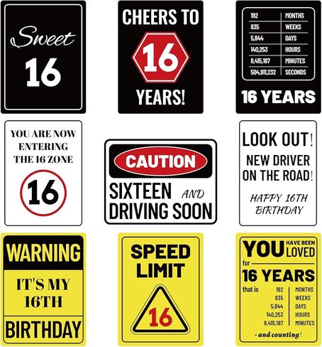 9pcs 16th Warning Birthday Party Decorations, Birthday Wall Signs Funny Tags Teenager Decor with Caution Logos for Sweet 16 Years Old Teen Boys & Girls Photo Props Door Window Posters in Saudi Arabia