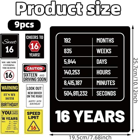 9pcs 16th Warning Birthday Party Decorations, Birthday Wall Signs Funny Tags Teenager Decor with Caution Logos for Sweet 16 Years Old Teen Boys & Girls Photo Props Door Window Posters in Saudi Arabia
