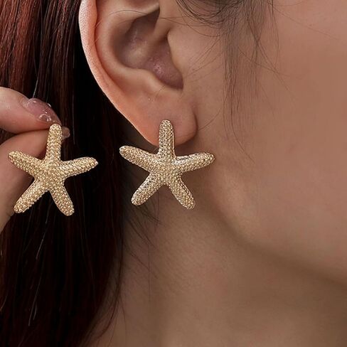 Gold Starfish Earrings for Women 3D Starfish Earring Dangle Summer Beach Vacation Clothes for Women in Kuwait