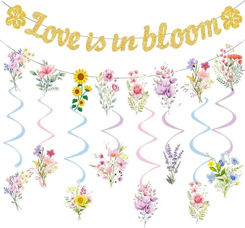 Love is in Bloom Bridal Shower Decorations,Glitter Rose Gold Banner Floral Themed Hanging Swirls for Wedding Shower Party Decor in Kuwait