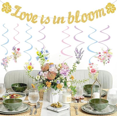 Love is in Bloom Bridal Shower Decorations,Glitter Rose Gold Banner Floral Themed Hanging Swirls for Wedding Shower Party Decor in Kuwait
