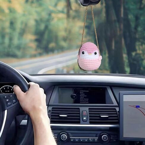 AUONY Cute Crochet Duck for Car Rear View Mirror, Handmade Swinging Duck Car Mirror Hanging Accessories for Women Girls in Kuwait