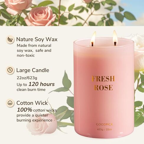 شموع Goodpick Fresh Rose للنساء ، شمعة وردية ، شمع الصويا 22 أوقية كبيرة 120 ساعة حرق ، شموع تخفيف الإجهاد العطرية in Kuwait