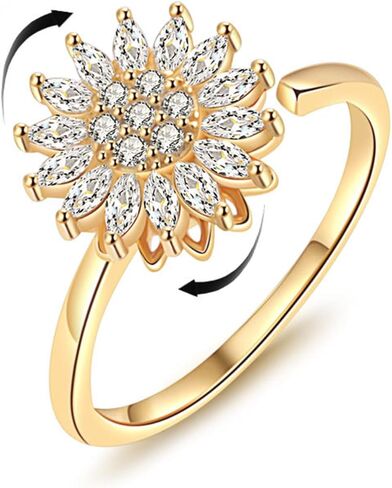 Sunflower Fidget Ring for Women Spinning Sunflower Rings Rhinestone Anxiety Rings Open Adjustable Ring Trendy Jewelry in Saudi Arabia