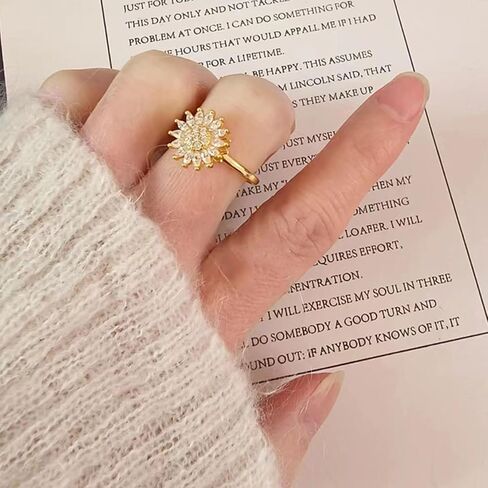 Sunflower Fidget Ring for Women Spinning Sunflower Rings Rhinestone Anxiety Rings Open Adjustable Ring Trendy Jewelry in Saudi Arabia