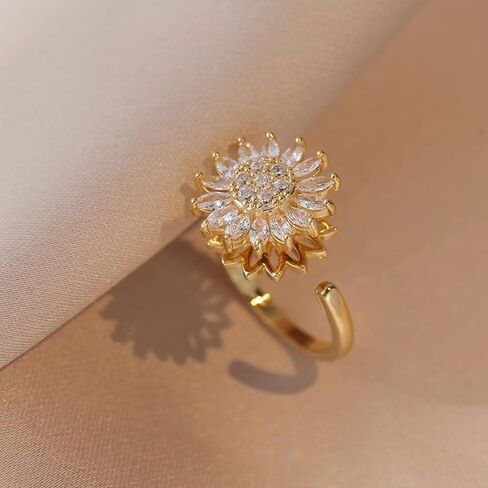 Sunflower Fidget Ring for Women Spinning Sunflower Rings Rhinestone Anxiety Rings Open Adjustable Ring Trendy Jewelry in Saudi Arabia