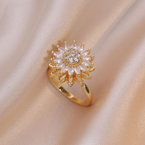 Sunflower Fidget Ring for Women Spinning Sunflower Rings Rhinestone Anxiety Rings Open Adjustable Ring Trendy Jewelry in Saudi Arabia