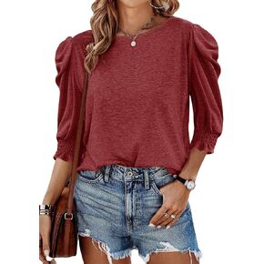 Tankaneo Womens 3/4 Length Sleeve Tops Dressy Casual Blouse Puff Sleeve Cute Trendy T Shirts with Smocked Cuffs in Kuwait