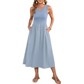 MOLERANI Women Summer Casual Sleeveless Midi Sundress 2025 Patchwork Knit V Neck Tank Flowy Beach Vacation Dress with Pockets in Kuwait