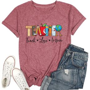 Teach T Shirt Women Teacher Love Inspire Shirts Funny Letter Short Sleeve Graphic Tees Teacher Gift Tops in Saudi Arabia