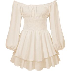 Aopwsrlyi Women's Off Shoulder Ruffle Dress Puff Long Sleeve White Romper Dress Flowy Layered A-Line Puffy Mini Dress in Saudi Arabia