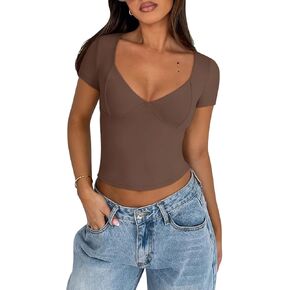 Reoria Women's Sexy v Neck Short Sleeve T-Shirt كوب مزدوج المبطن. in Kuwait
