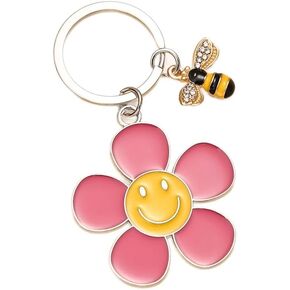 Cute Flower Keychain with Smiley Face Center and Bee Charm, Pink and Yellow in Saudi Arabia