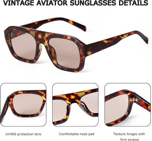 JUDOO Retro 70s Square Aviator Sunglasses for Women Men Tortoise Green Chunky Bridge Sunglasses Thick Frame Vintage Aviators in Kuwait