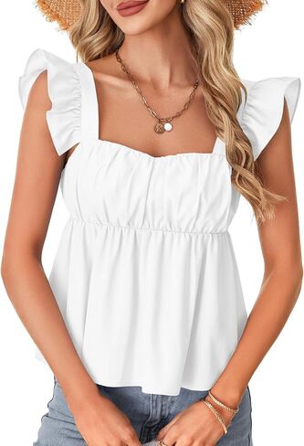 Rooscier Women's Square Neck Ruffle Cap Sleeve Ruched Peplum Babydoll Blouse Tank Tops in Saudi Arabia