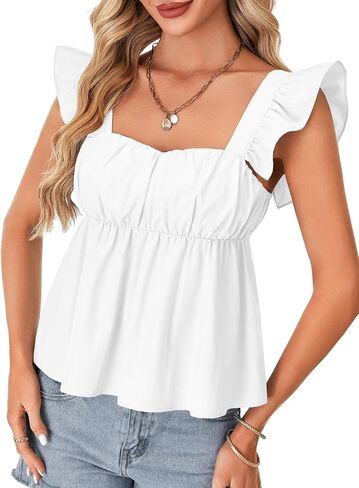 Rooscier Women's Square Neck Ruffle Cap Sleeve Ruched Peplum Babydoll Blouse Tank Tops in Saudi Arabia