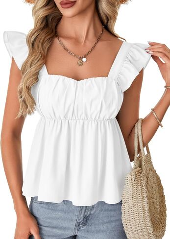 Rooscier Women's Square Neck Ruffle Cap Sleeve Ruched Peplum Babydoll Blouse Tank Tops in Saudi Arabia