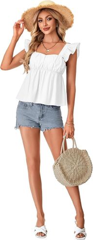 Rooscier Women's Square Neck Ruffle Cap Sleeve Ruched Peplum Babydoll Blouse Tank Tops in Saudi Arabia