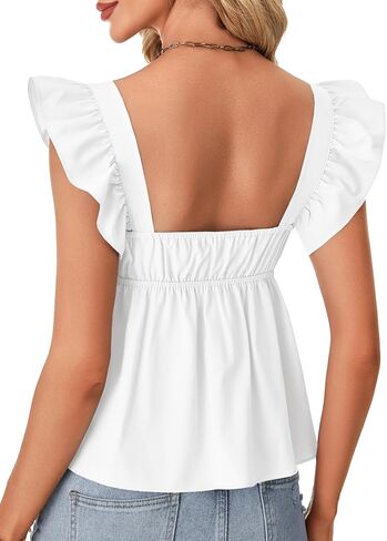 Rooscier Women's Square Neck Ruffle Cap Sleeve Ruched Peplum Babydoll Blouse Tank Tops in Saudi Arabia