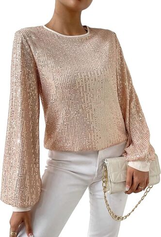 SweatyRocks Women's Sequin Long Sleeve Blouse Casual Round Neck Pullover Shirt Tops in Saudi Arabia
