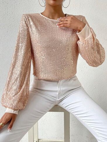 SweatyRocks Women's Sequin Long Sleeve Blouse Casual Round Neck Pullover Shirt Tops in Saudi Arabia