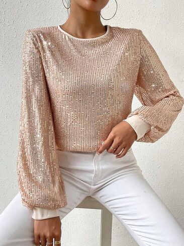 SweatyRocks Women's Sequin Long Sleeve Blouse Casual Round Neck Pullover Shirt Tops in Saudi Arabia