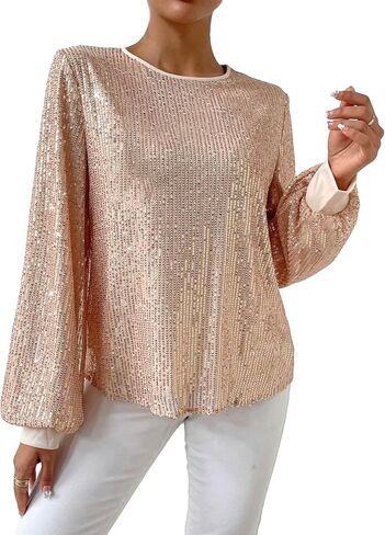 SweatyRocks Women's Sequin Long Sleeve Blouse Casual Round Neck Pullover Shirt Tops in Saudi Arabia