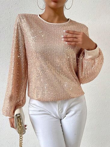 SweatyRocks Women's Sequin Long Sleeve Blouse Casual Round Neck Pullover Shirt Tops in Saudi Arabia