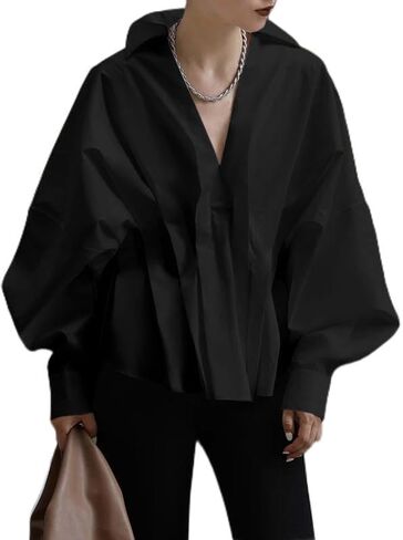 UOOZEE Womens Blouses Fashion 2024 Smocked Long Sleeve V Neck Casual Shirts Tops in Kuwait