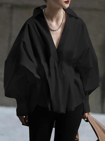 UOOZEE Womens Blouses Fashion 2024 Smocked Long Sleeve V Neck Casual Shirts Tops in Kuwait