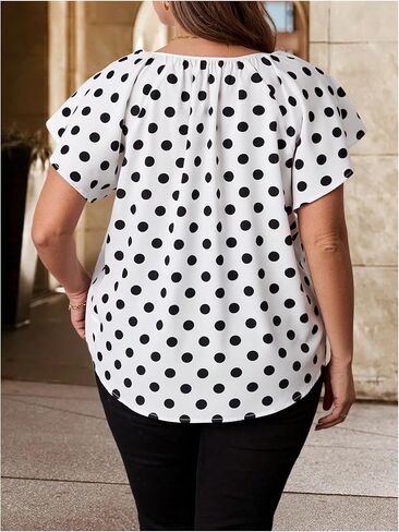 WDIRARA Women's Plus Size Polka Dots Blouse Tie Neck Ruffle Short Sleeve Tops Shirts in Saudi Arabia