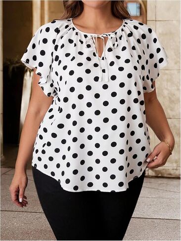 WDIRARA Women's Plus Size Polka Dots Blouse Tie Neck Ruffle Short Sleeve Tops Shirts in Saudi Arabia