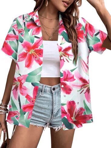 QLIPIN Hawaiian Shirt for Women Floral Tropical Button Down Shirts Summer Beach Blouse Hawaii Button Up Short Sleeve Top in Kuwait