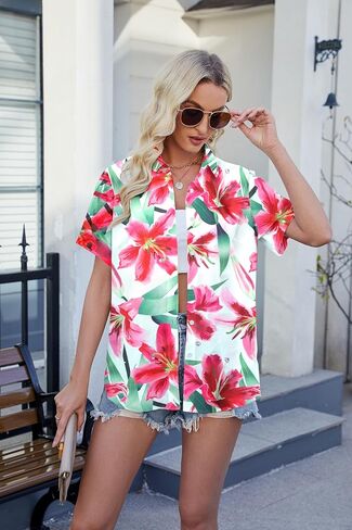 QLIPIN Hawaiian Shirt for Women Floral Tropical Button Down Shirts Summer Beach Blouse Hawaii Button Up Short Sleeve Top in Kuwait