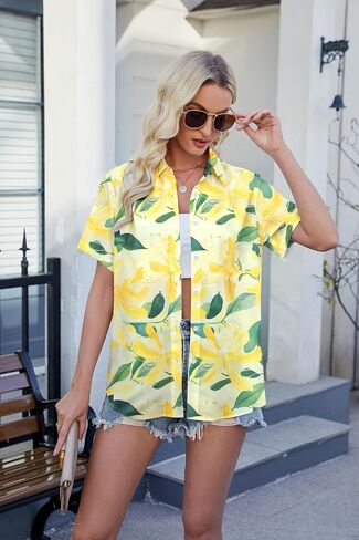 QLIPIN Hawaiian Shirt for Women Floral Tropical Button Down Shirts Summer Beach Blouse Hawaii Button Up Short Sleeve Top in Kuwait