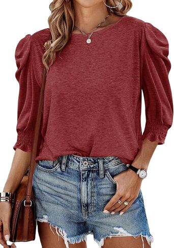 Tankaneo Womens 3/4 Length Sleeve Tops Dressy Casual Blouse Puff Sleeve Cute Trendy T Shirts with Smocked Cuffs in Saudi Arabia