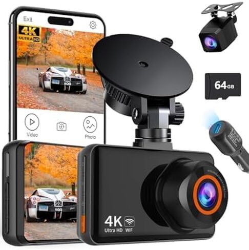 DashCam Front and Rear Dash Cam, 4K HD Dash Cam for Cars, Built-in WiFi, Night Vision, 170°Wide Angle, WDR, 24 Hours Parking Monitor, G-Sensor, Loop Recording, Free 64GB Card in Saudi Arabia