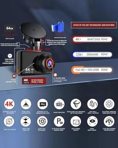 DashCam Front and Rear Dash Cam, 4K HD Dash Cam for Cars, Built-in WiFi, Night Vision, 170°Wide Angle, WDR, 24 Hours Parking Monitor, G-Sensor, Loop Recording, Free 64GB Card in Saudi Arabia