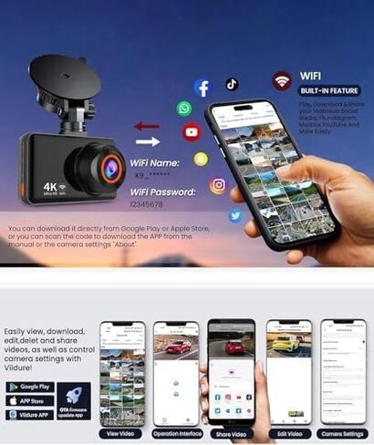 DashCam Front and Rear Dash Cam, 4K HD Dash Cam for Cars, Built-in WiFi, Night Vision, 170°Wide Angle, WDR, 24 Hours Parking Monitor, G-Sensor, Loop Recording, Free 64GB Card in Saudi Arabia