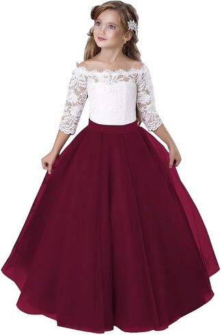 Girls Lace Tulle Princess Pageant Dress Long Sleeve Kids Flower Girl Dress for Wedding in Kuwait