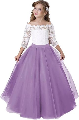 Girls Lace Tulle Princess Pageant Dress Long Sleeve Kids Flower Girl Dress for Wedding in Kuwait