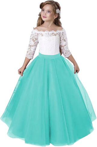 Girls Lace Tulle Princess Pageant Dress Long Sleeve Kids Flower Girl Dress for Wedding in Kuwait