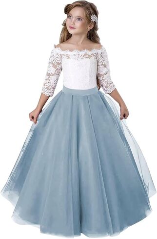 Girls Lace Tulle Princess Pageant Dress Long Sleeve Kids Flower Girl Dress for Wedding in Kuwait