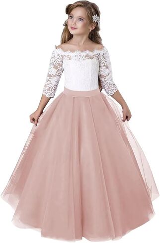 Girls Lace Tulle Princess Pageant Dress Long Sleeve Kids Flower Girl Dress for Wedding in Kuwait