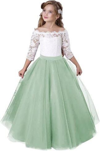 Girls Lace Tulle Princess Pageant Dress Long Sleeve Kids Flower Girl Dress for Wedding in Kuwait