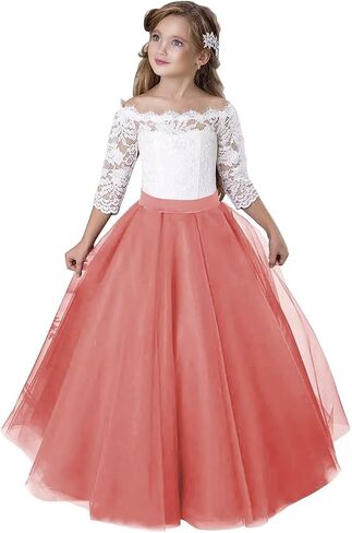 Girls Lace Tulle Princess Pageant Dress Long Sleeve Kids Flower Girl Dress for Wedding in Kuwait