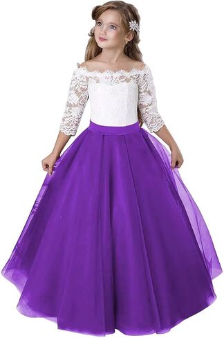 Girls Lace Tulle Princess Pageant Dress Long Sleeve Kids Flower Girl Dress for Wedding in Kuwait